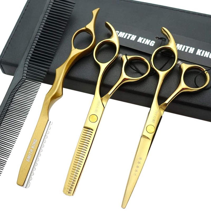 Smithking 5.5 Inches Hair Cutting Scissors Set with Razor Combs Lether Scissors Case,Hair Cutting Shears Hair Thinning Shears for Personal and Professional (Gold) - Image 1